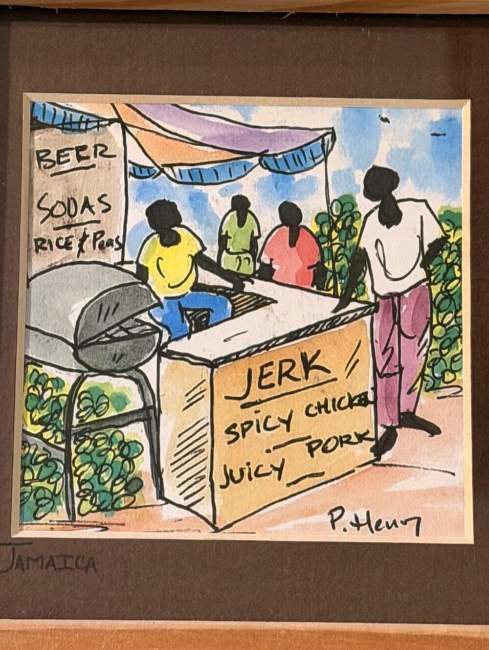 Original Vintage P. Henry Jamaican Jerk Chicken Watercolor Painting 5x5”